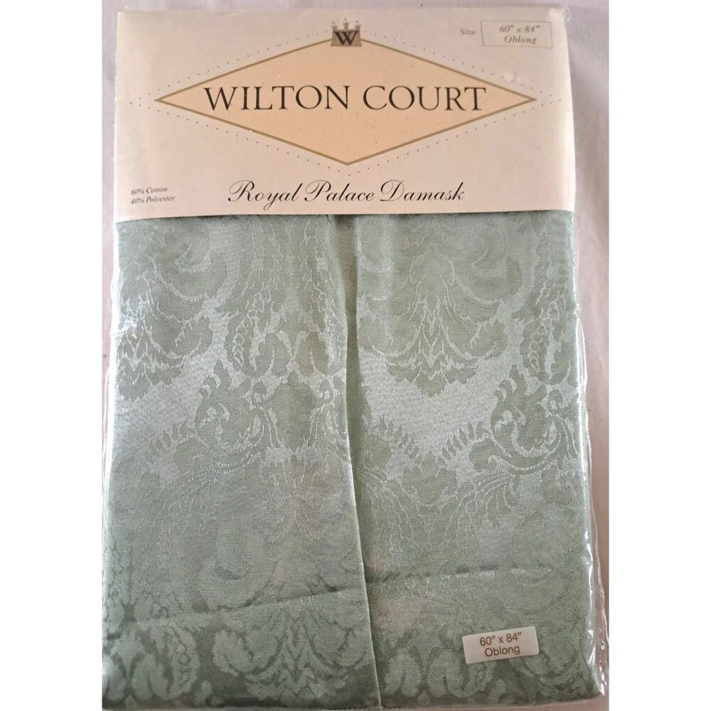 Vintage NEW Damask Tablecloth & 8 Napkins Sage Light Green 60x84 Taiwan Elegant